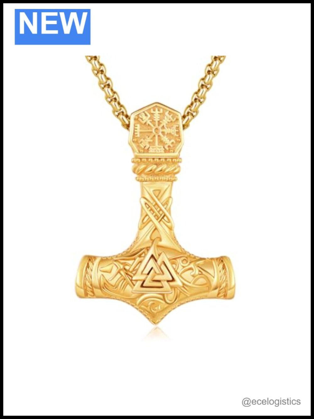 14K Gold Plated Viking Mjolnir Thor Hammer Pendant Necklace Stainless Steel